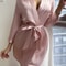 Long Sleeve V Neck Solid Satin Night Robe With Belt Womens Sleepwear For Comfort 2