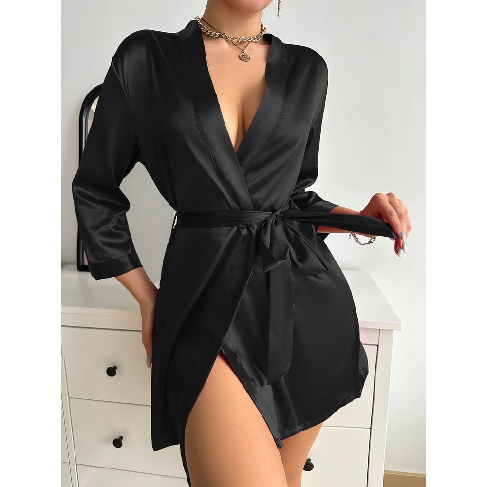 Long Sleeve V Neck Solid Satin Night Robe With Belt Womens Sleepwear For Comfort 3
