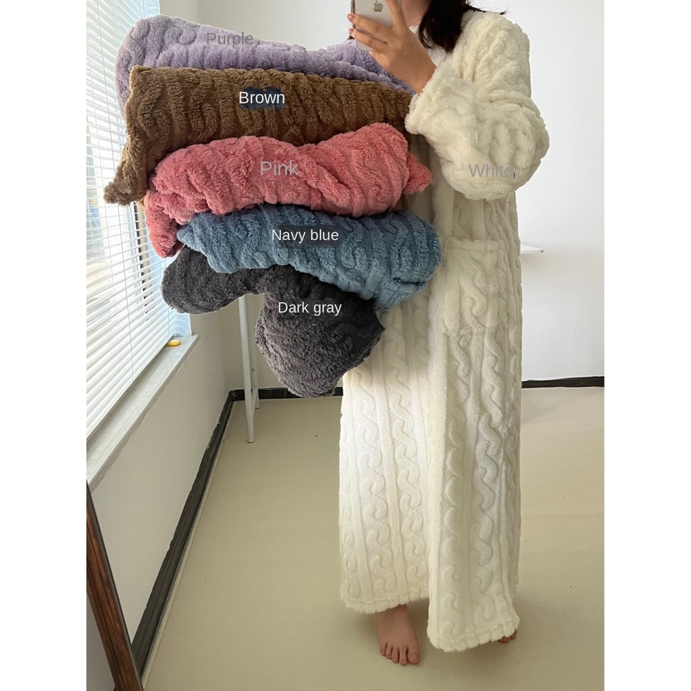 Autumn And Winter Bathrobe Woman Coral Velvet Jacquard Sleeping Gown Long Section Solid Colour Warm