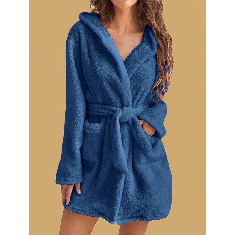 Cozy And Warm Womens Solid Color Hooded Robe With Belt Fleece Pajamas For Home Wear In Autumn And W 0