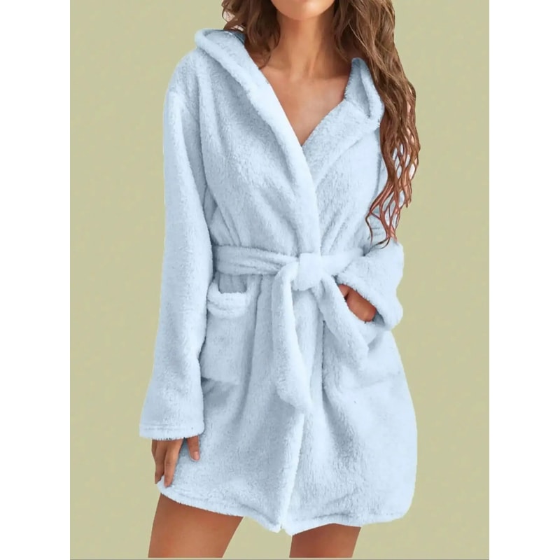 Cozy And Warm Womens Solid Color Hooded Robe With Belt Fleece Pajamas For Home Wear In Autumn And W 3