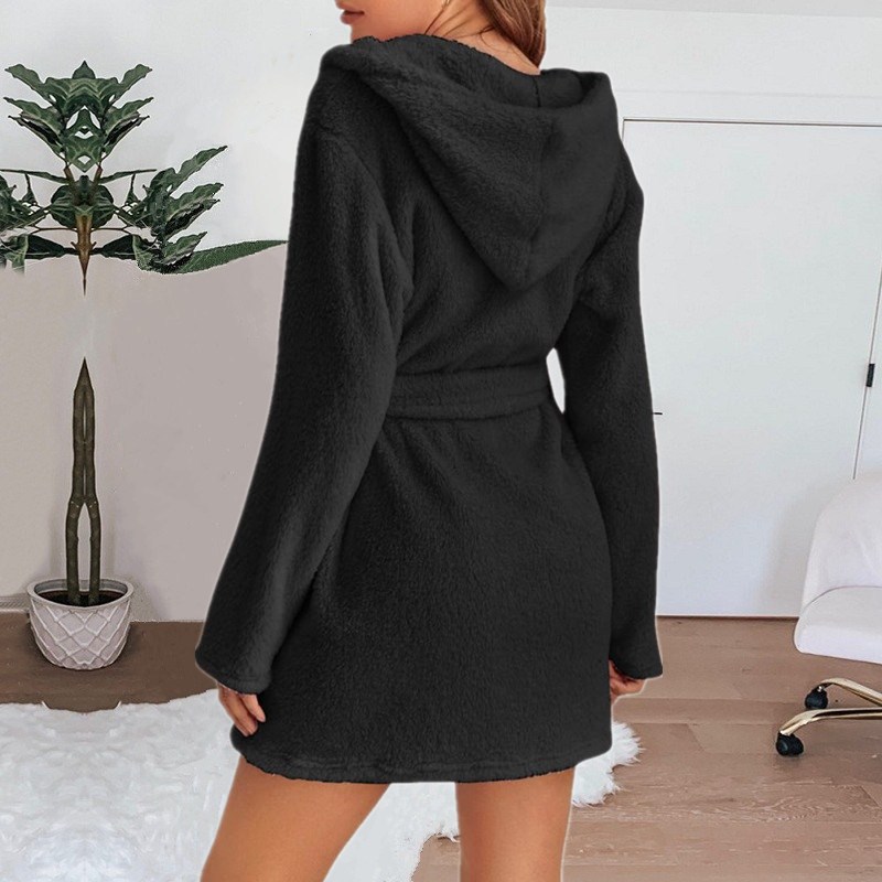 Fluffy Plush Winter Women Bath Robe Sexy Hooded Dressing Gown Solid Color Warm Bathrobe Ladies Fema 8