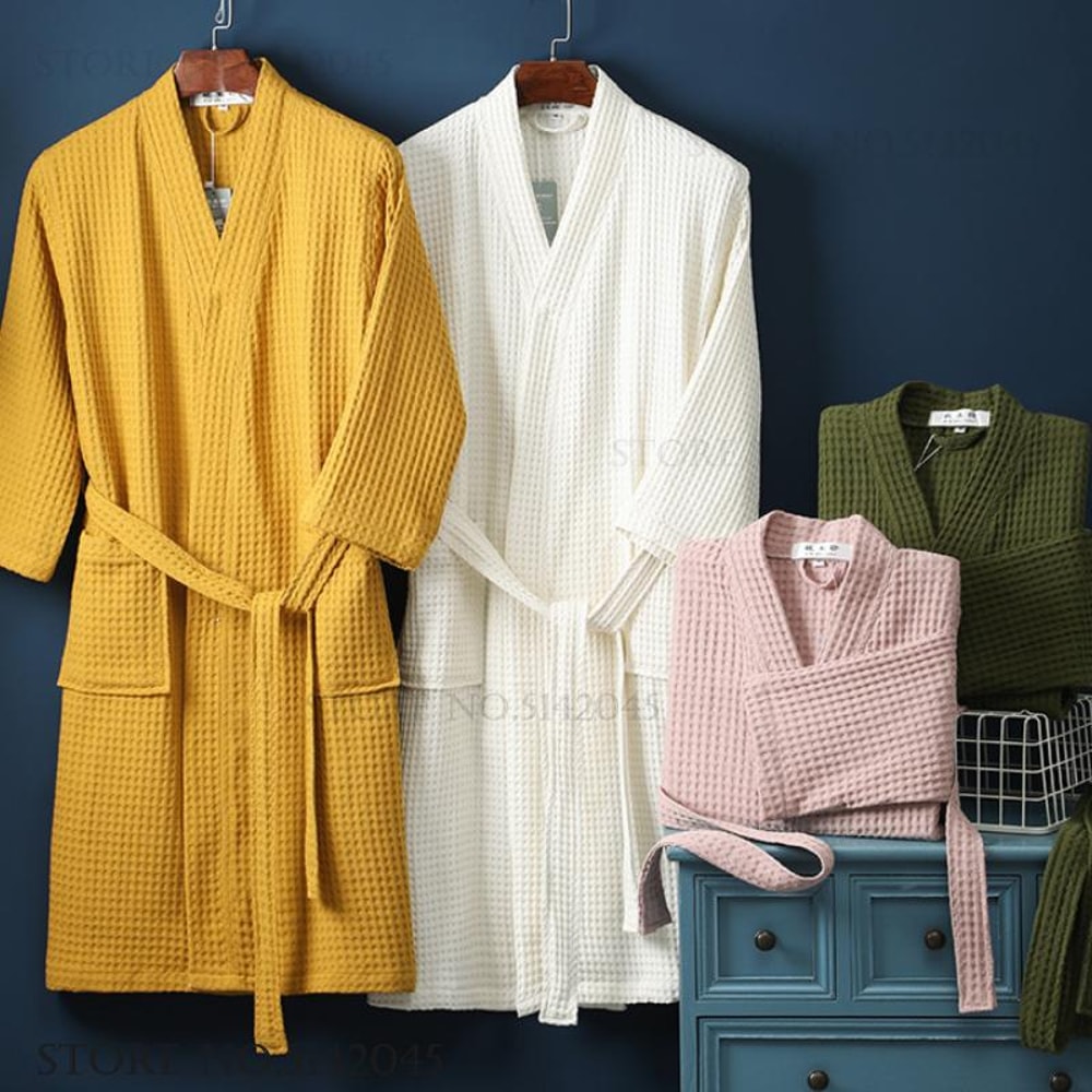 Adult Cotton Waffle Kimono Robe Yukata Gown With Pocket Casual Loose Bathrobe Loungewear Sleepwear 0