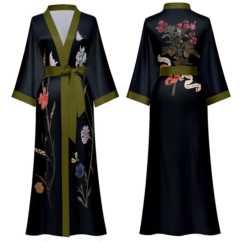 Sexy Black Print Flower Long Robe Nightgown Summer Kimono Bathrobe Gown Rayon Half Sleeve Women Lou 0