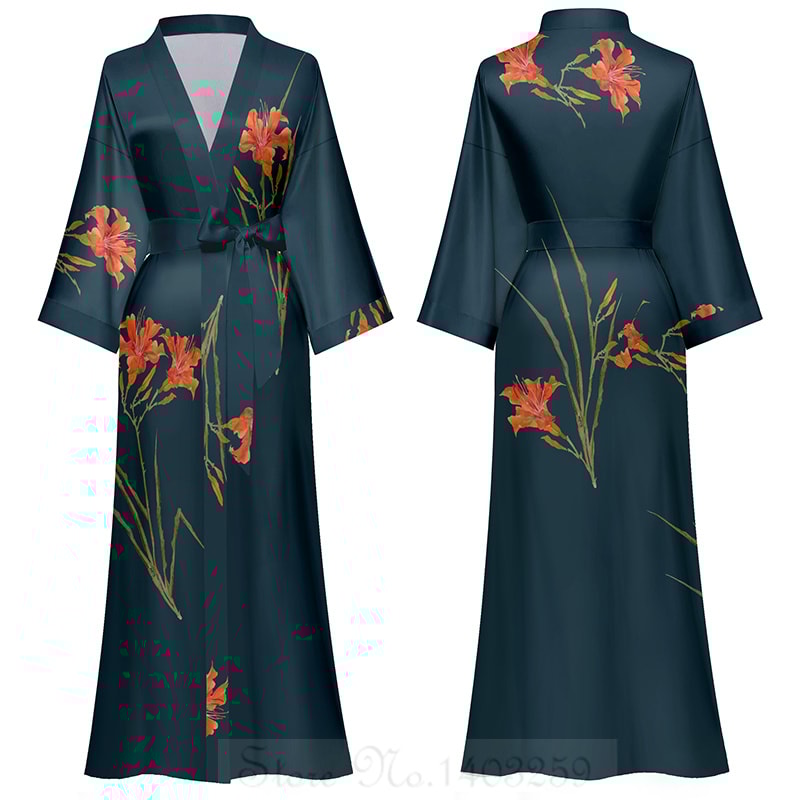 Sexy Black Print Flower Long Robe Nightgown Summer Kimono Bathrobe Gown Rayon Half Sleeve Women Lou 20