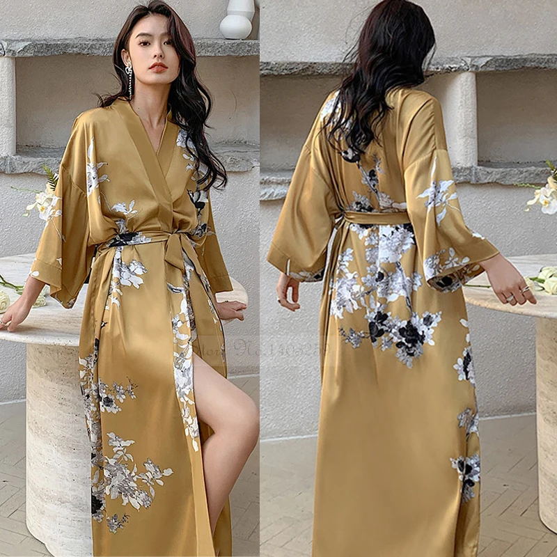 Sexy Black Print Flower Long Robe Nightgown Summer Kimono Bathrobe Gown Rayon Half Sleeve Women Lou 1