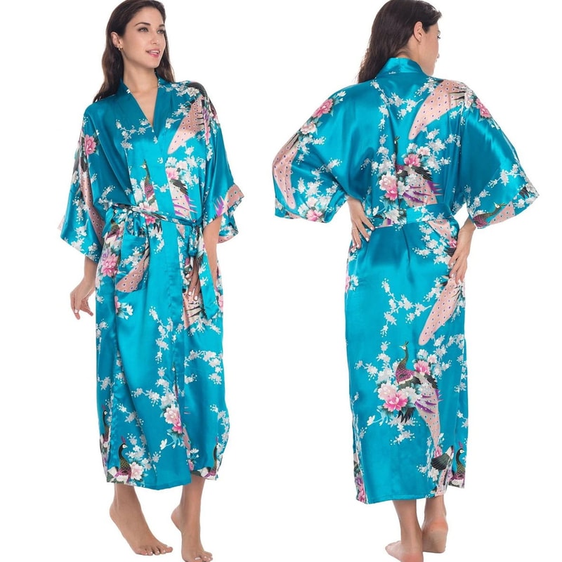 Sexy Black Print Flower Long Robe Nightgown Summer Kimono Bathrobe Gown Rayon Half Sleeve Women Lou 7