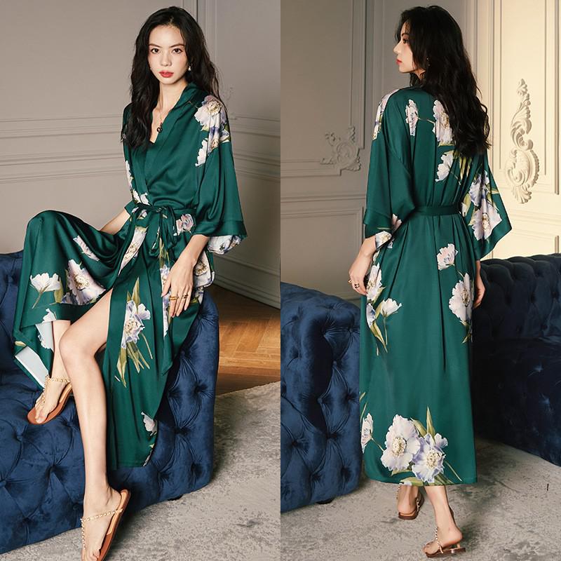 Sexy Black Print Flower Long Robe Nightgown Summer Kimono Bathrobe Gown Rayon Half Sleeve Women Lou 14