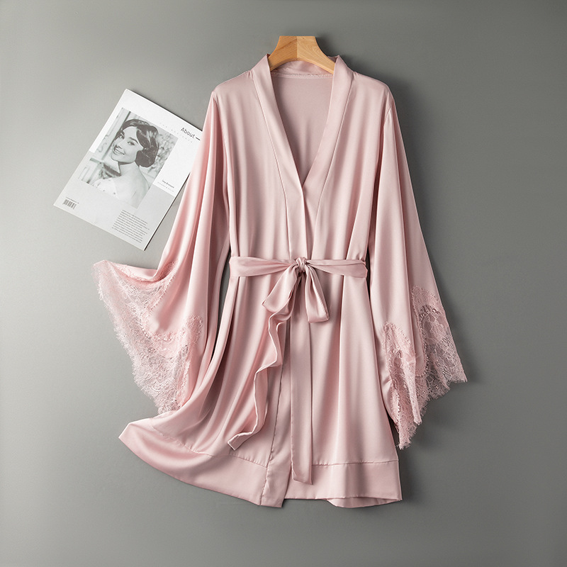 Women Sexy Robe With Lace Satin Kimono Nightgown Bathrobe Gown Pink Nightdress 0