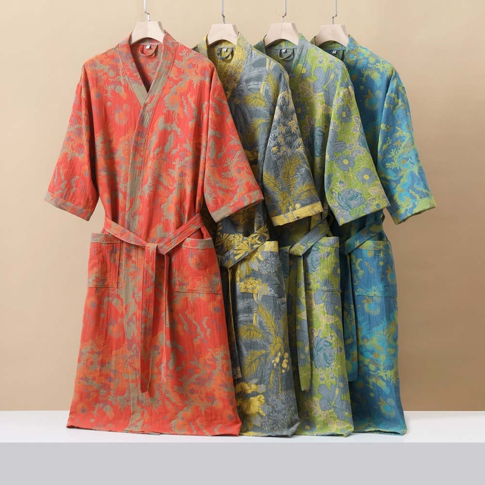 Half Sleeve Kimono Bathrobe Cotton Fashionable Printed Sleepwear Thin Quick Drying Absorbent Home W 8