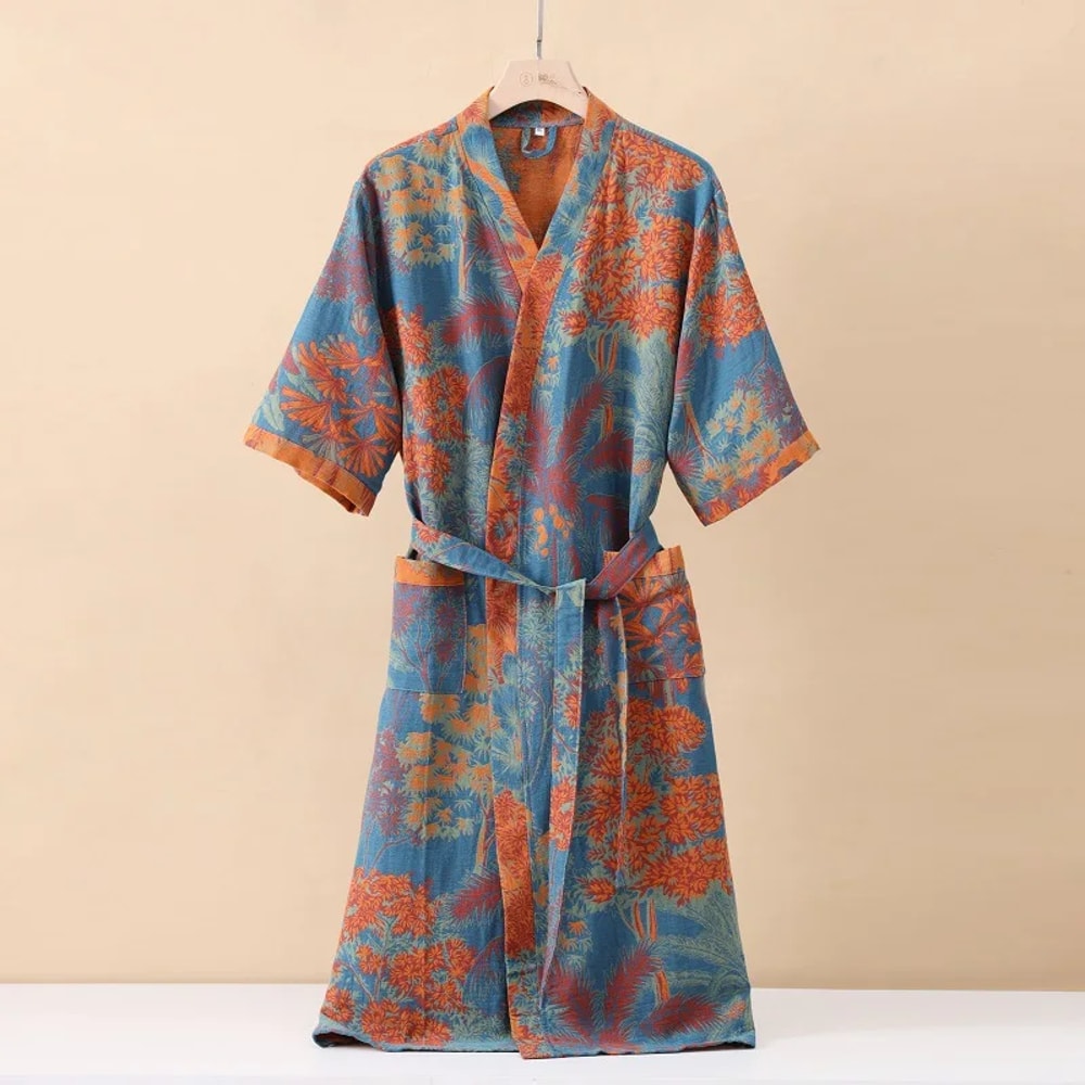 Half Sleeve Kimono Bathrobe Cotton Fashionable Printed Sleepwear Thin Quick Drying Absorbent Home W 9