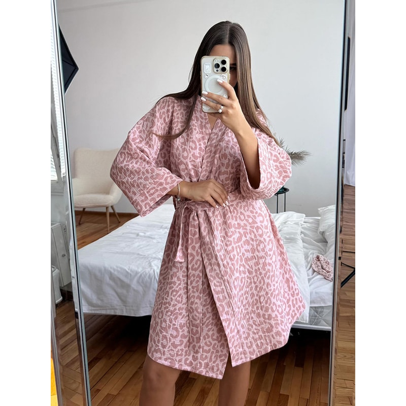 Women's Cotton Pink Leopard Print Pajamas, Comfortable Robe, Spring New Cardigans, Soft Nightgowns for Relaxing at Home