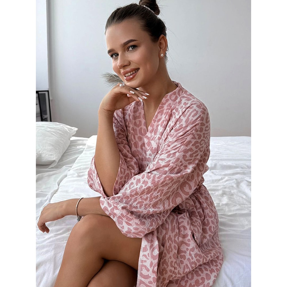Women's Cotton Pink Leopard Print Pajamas, Comfortable Robe, Spring New Cardigans, Soft Nightgowns for Relaxing at Home