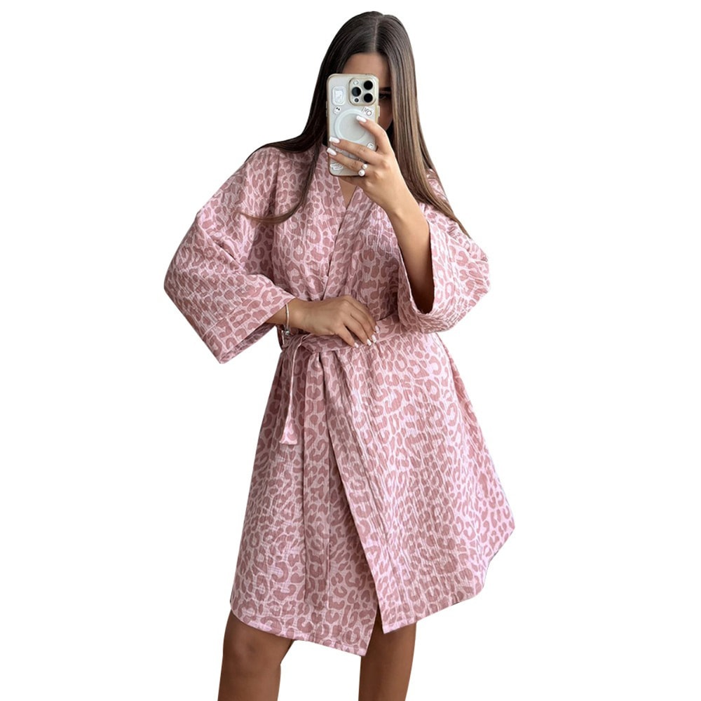 Women's Cotton Pink Leopard Print Pajamas, Comfortable Robe, Spring New Cardigans, Soft Nightgowns for Relaxing at Home