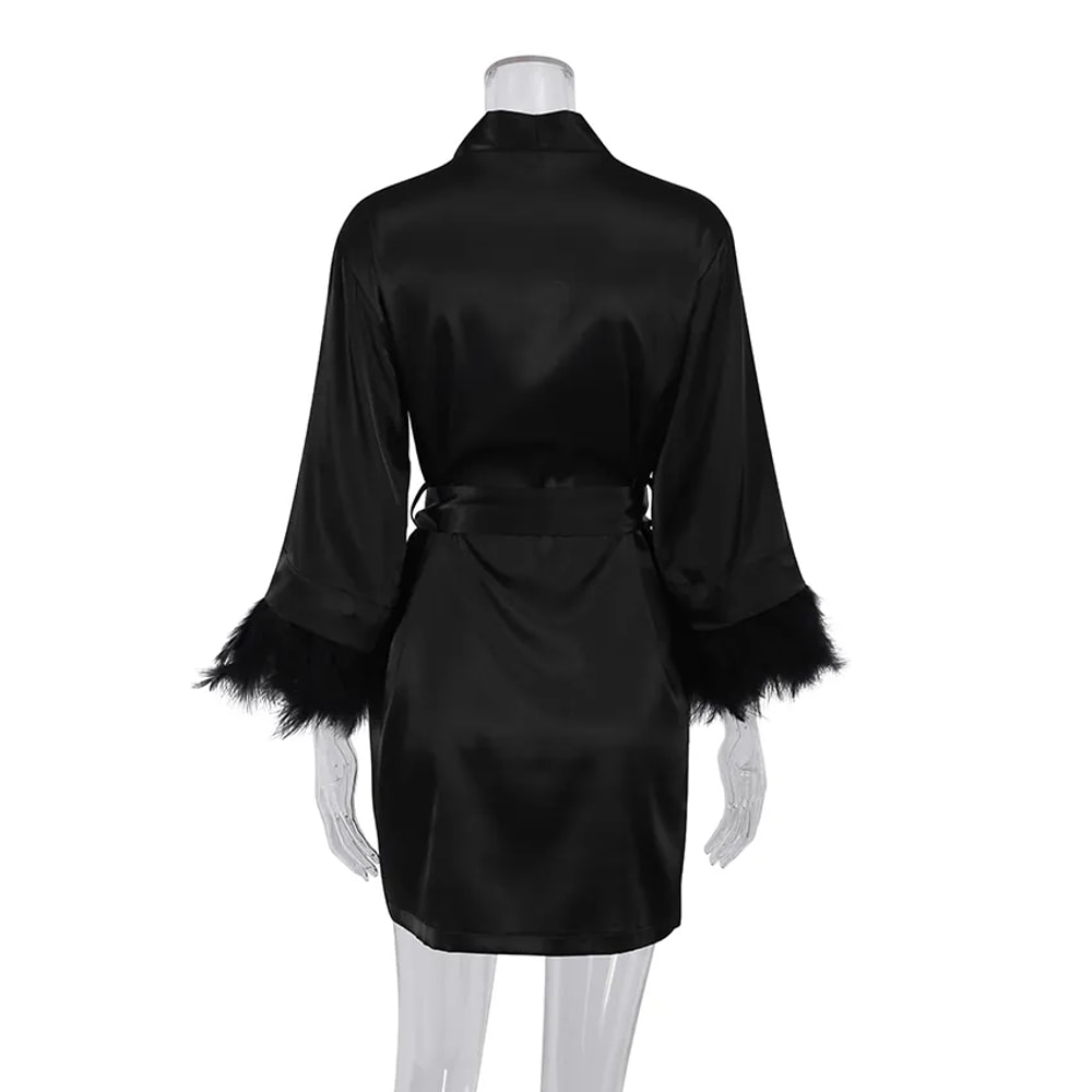 Satin Robe For Women White Feather Robe With Fur Full Sleeves Sleepwear Bride Robe Gown Dress Bathr 5