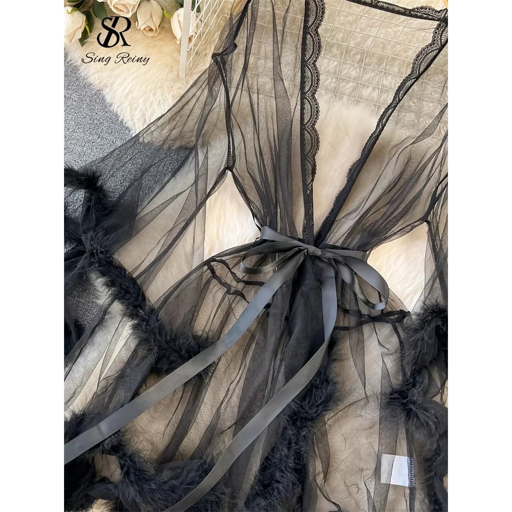 Plush Spliced Female Sheer Shapewear Robes Lace Up Erotic Long Sleeve Midi Sexy Robes For Women 3