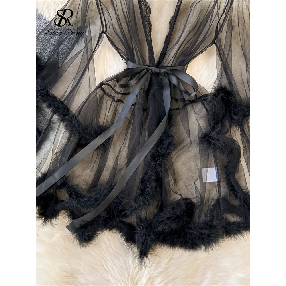 Plush Spliced Female Sheer Shapewear Robes Lace Up Erotic Long Sleeve Midi Sexy Robes For Women 4