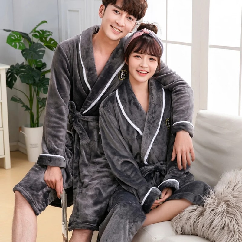 Plush Warm Flannel Kimono Winter Thick Couple Robe Coral Fleece Sleepwear Bathrobe Gown With Pocket 10