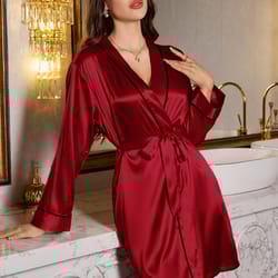 women's elegant romantic short nightgown, solid color soft silk pajamas, belted robe for home comfort