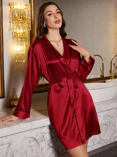 Women's Elegant Romantic Short Nightgown, Solid Color Soft Silk Pajamas, Belted Robe for Home Comfort