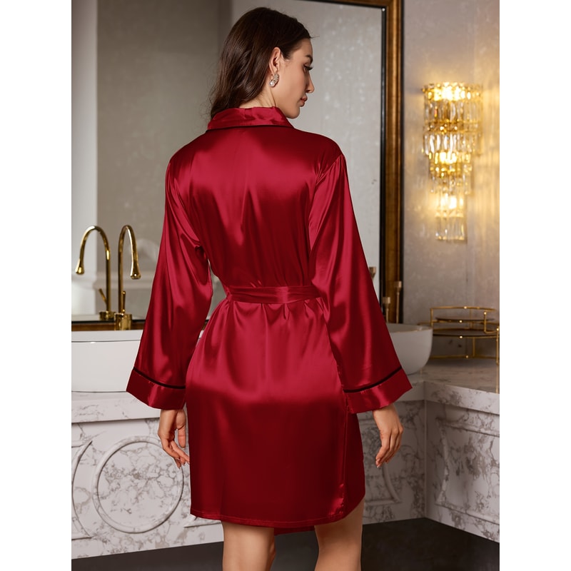 Womens Elegant Romantic Short Nightgown Solid Color Soft Silk Pajamas Belted Robe For Home Comfort 3