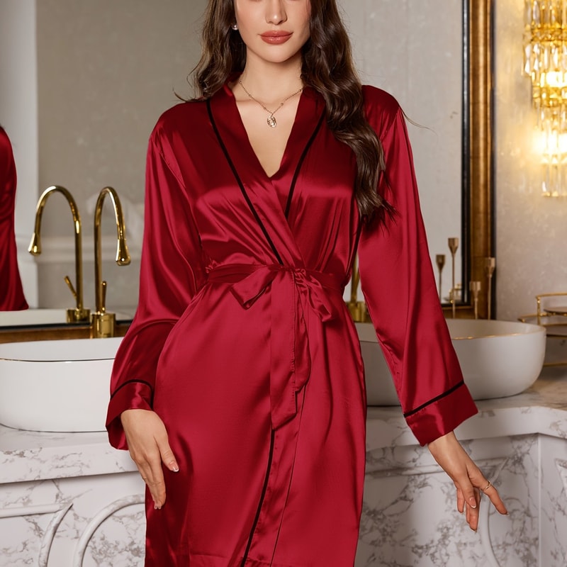 Womens Elegant Romantic Short Nightgown Solid Color Soft Silk Pajamas Belted Robe For Home Comfort 4
