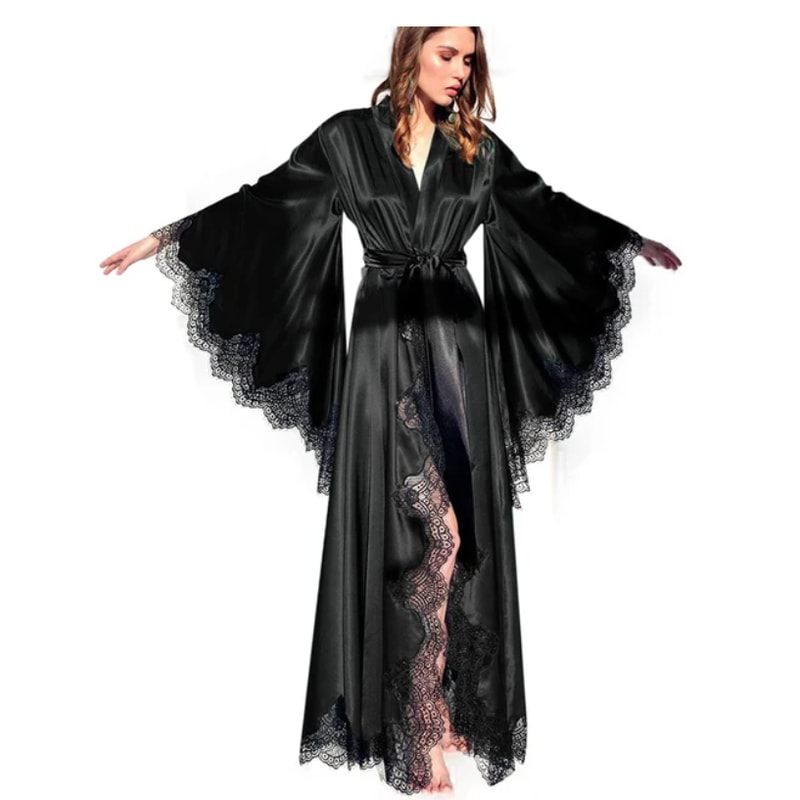 Pure Long Black Silk Satin Kimono Pajamas Women Robes Sleepwear With Lace Trim Wedding Bride Gown P 0