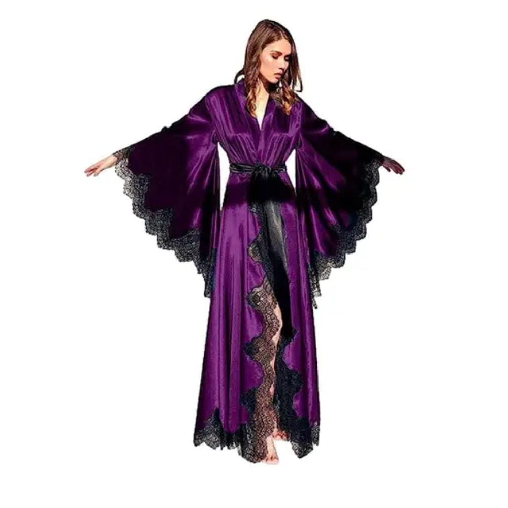 Pure Long Black Silk Satin Kimono Pajamas Women Robes Sleepwear With Lace Trim Wedding Bride Gown P 3