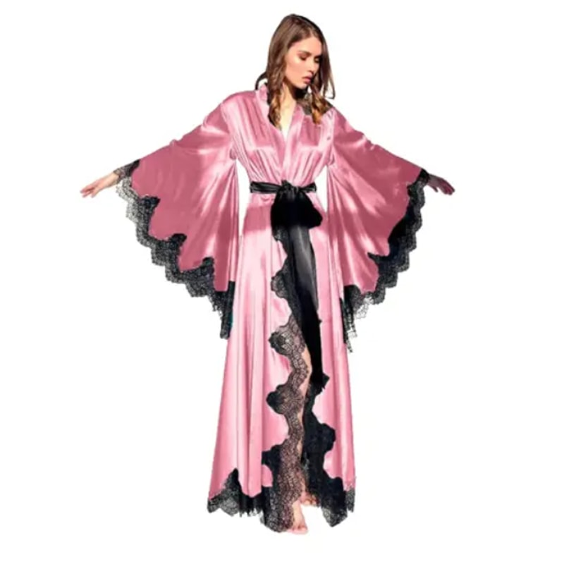 Pure Long Black Silk Satin Kimono Pajamas Women Robes Sleepwear With Lace Trim Wedding Bride Gown P 4