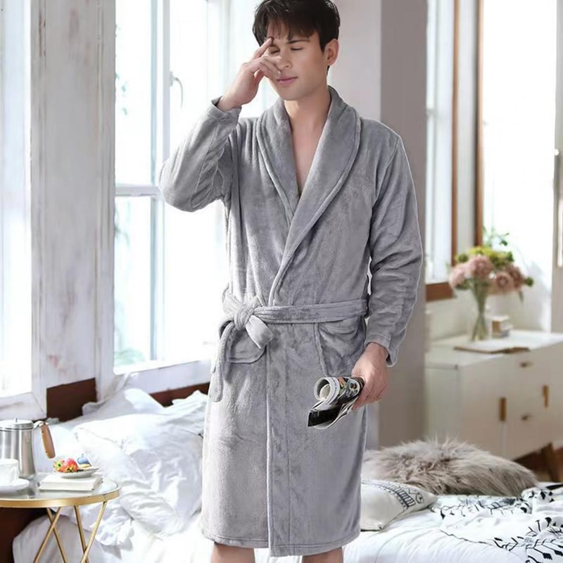 Men MediumLength Home Bathrobe Sleepwear Plush Flannel Winter Bathrobe With Belt Soft Bathrobe Lady 5