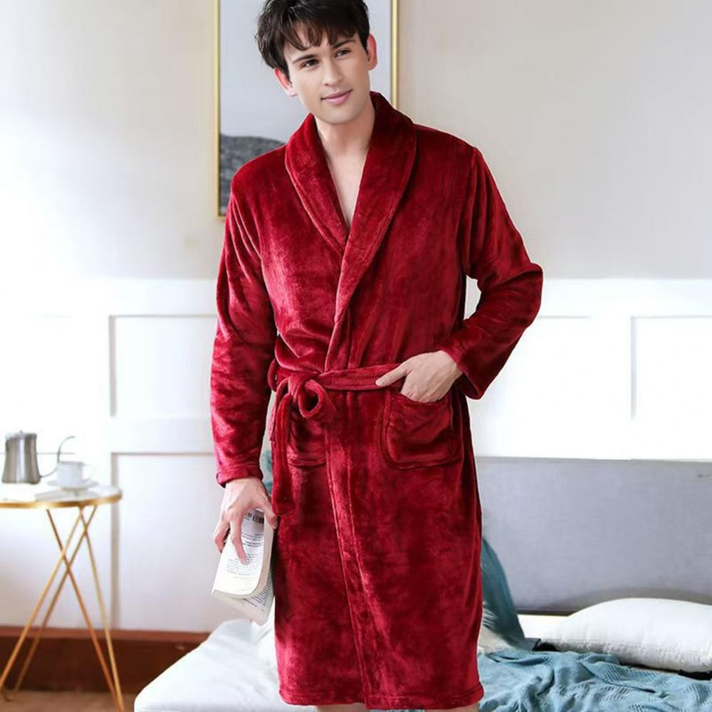Men MediumLength Home Bathrobe Sleepwear Plush Flannel Winter Bathrobe With Belt Soft Bathrobe Lady 6