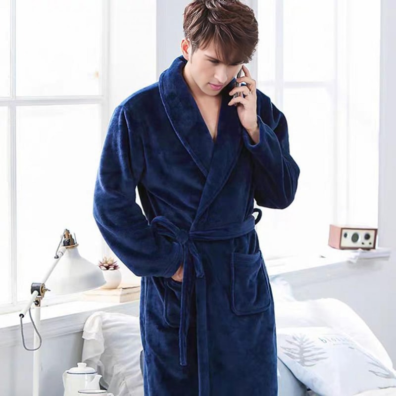 Men MediumLength Home Bathrobe Sleepwear Plush Flannel Winter Bathrobe With Belt Soft Bathrobe Lady 7
