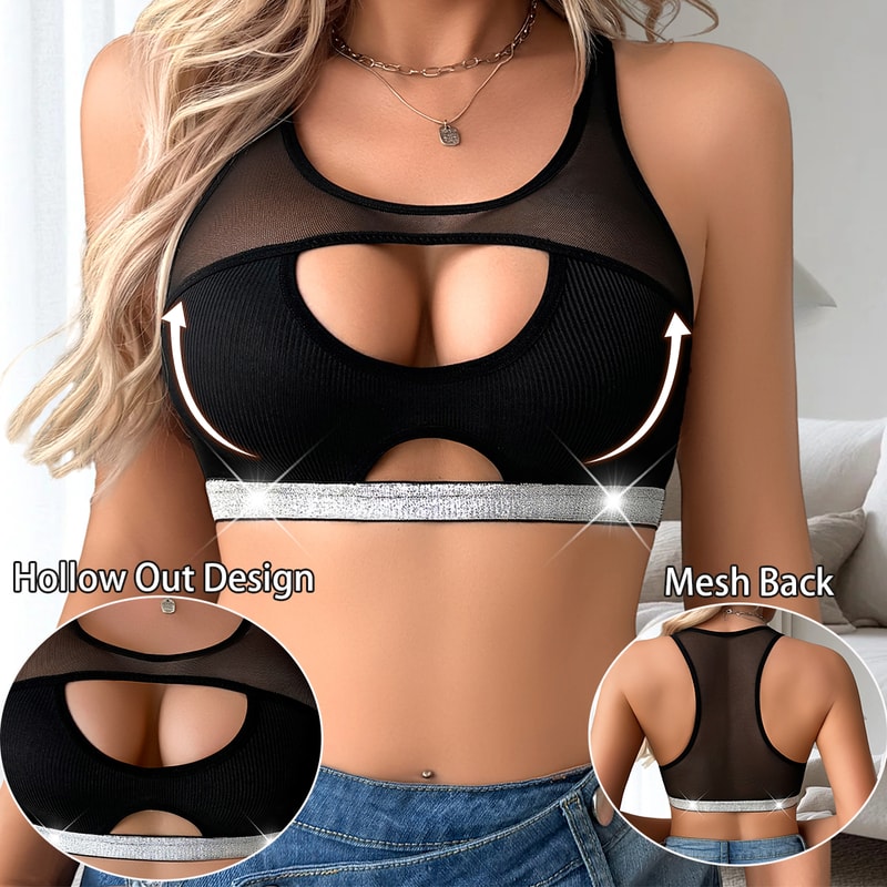 Hollow Out Fashion Style Sexy Womens Bra WireFree Camisole Ribbed Mesh Patchwork No Pad Female Unde 1