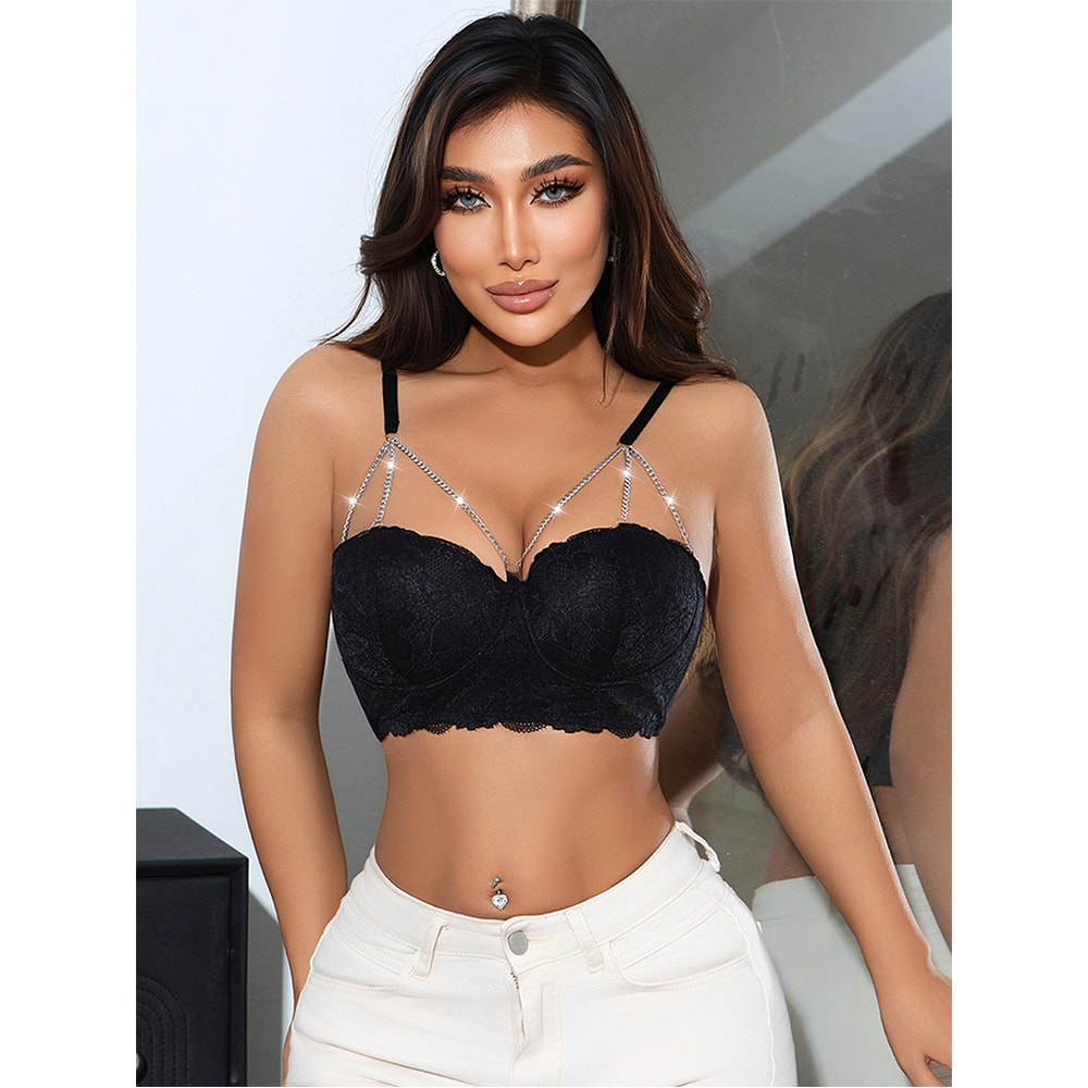 Sexy Lace Cup Bralettes For Women Diamond Chain Lingerie PushUp Underwire Bra AntiSagging Sexy Unde 5