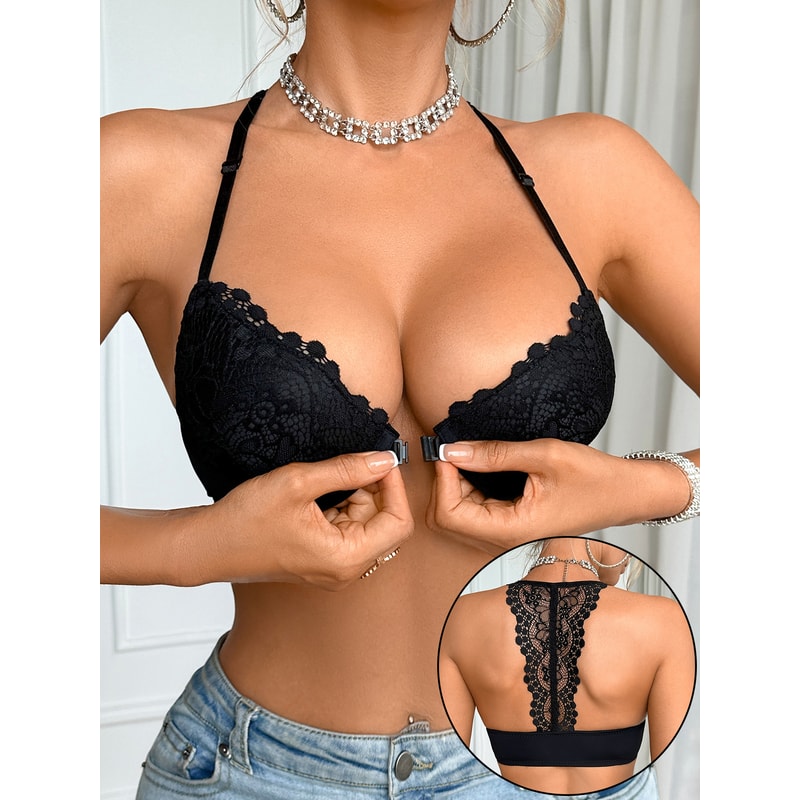 Womens FrontClasp PushUp Sexy Lace Patchwork Underwire Bra Decorative Back Design For Side Breast S 3