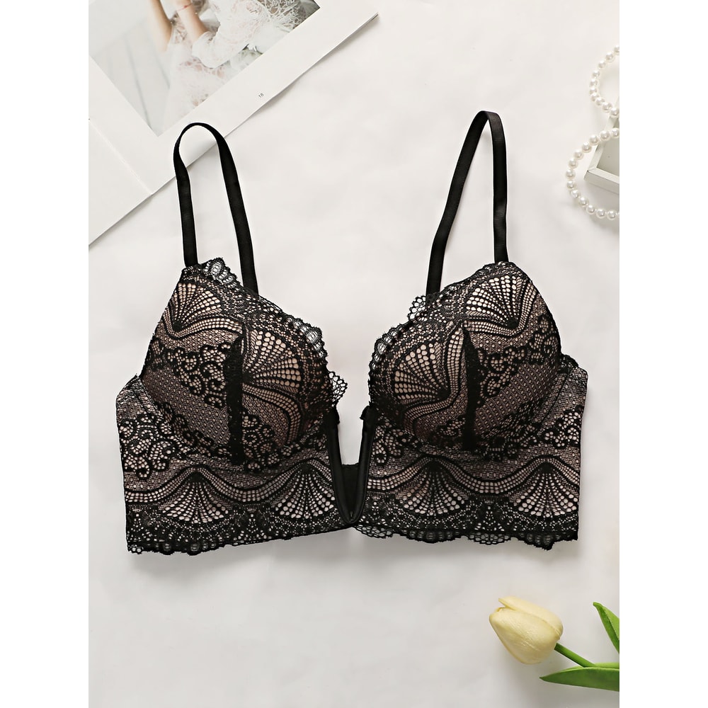 Sexy Lace V-Neck Bra for Women, Steel Ring B Cup Push Up, Full Coverage Comfortable Underwear