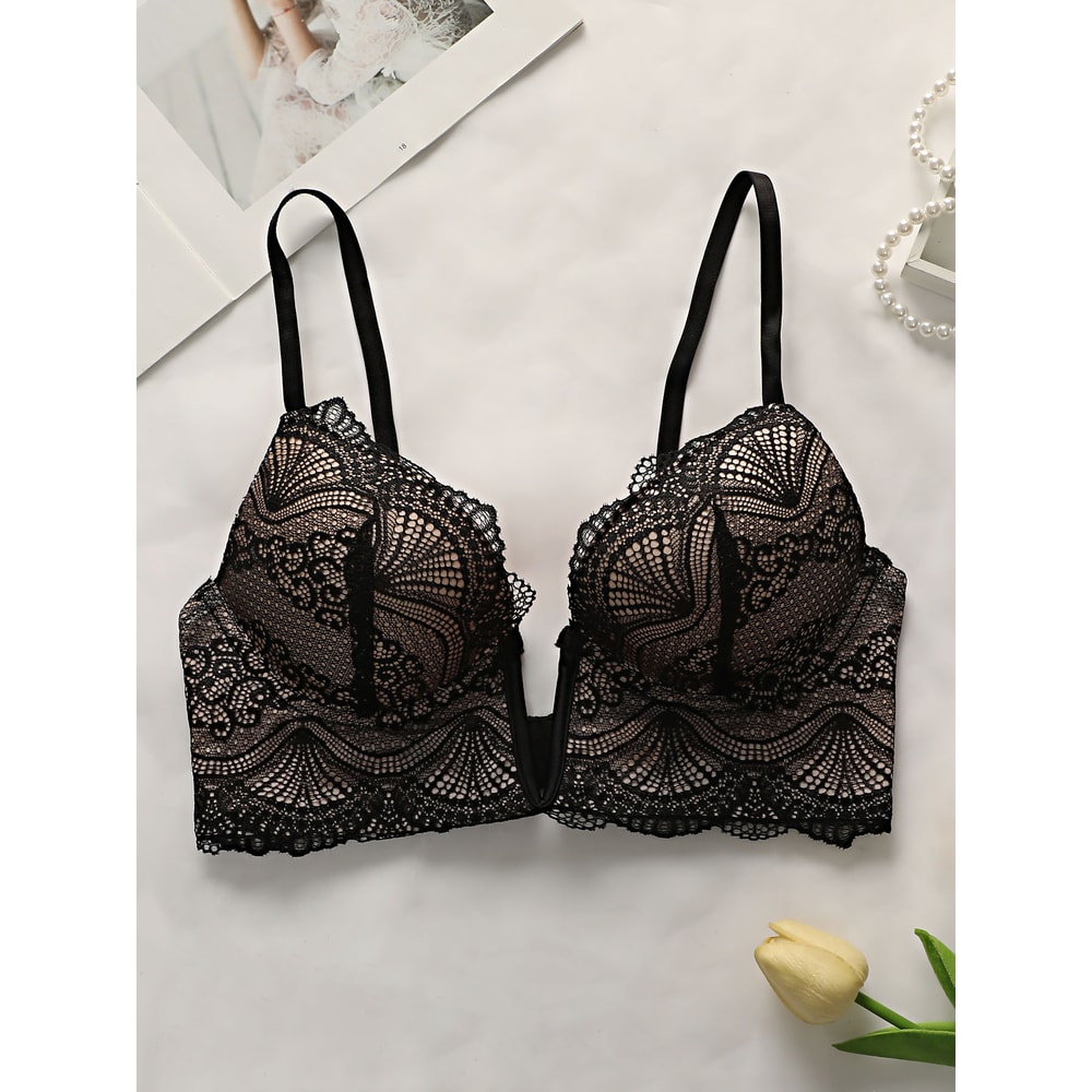 Sexy Lace V-Neck Bra for Women, Steel Ring B Cup Push Up, Full Coverage Comfortable Underwear