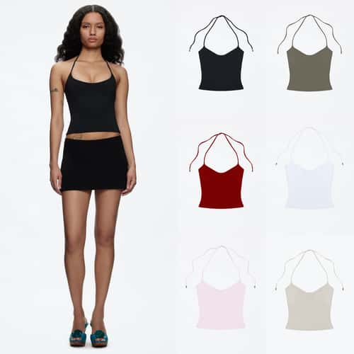 Women's Tank Open-Back Camisole Top with Metal Accents, Self-Tie Straps, Sexy Low-Neck Halter Design