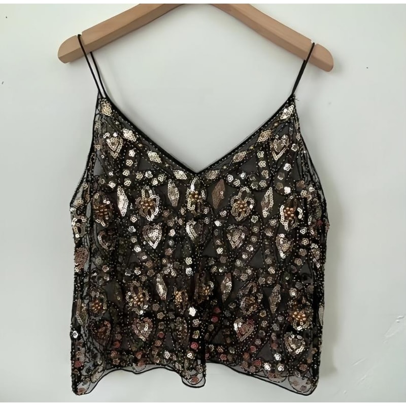 Trendy Womens Sleeveless V Neck Camisoles Sequins Beads Flower Pattern Vests Open Back SeeThrough C