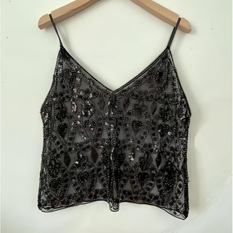 Trendy Womens Sleeveless V Neck Camisoles Sequins Beads Flower Pattern Vests Open Back SeeThrough C