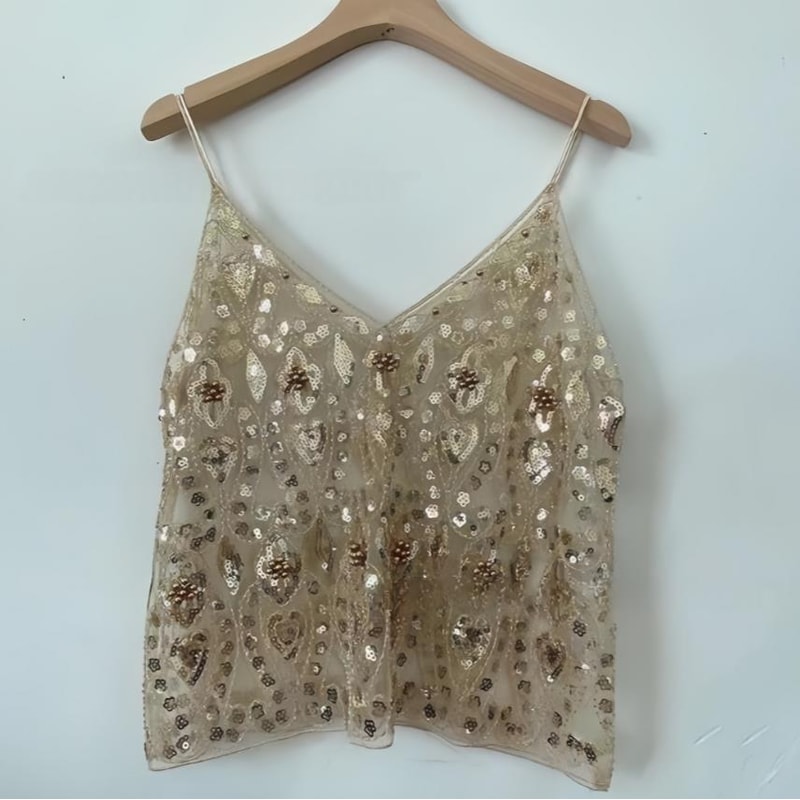 Trendy Womens Sleeveless V Neck Camisoles Sequins Beads Flower Pattern Vests Open Back SeeThrough C