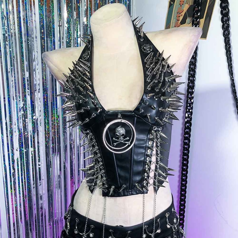 Gothic Bustier Y2K Punk Studded Crop Top Vegan Leather Goth Clothes Skull Grunge Emo Tank 6