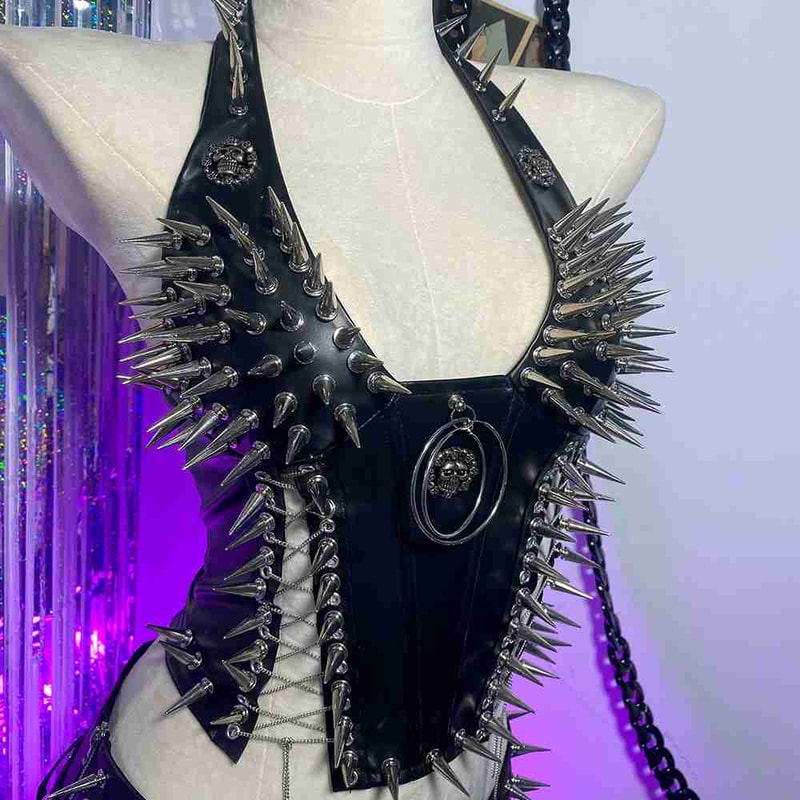 Gothic Bustier Y2K Punk Studded Crop Top Vegan Leather Goth Clothes Skull Grunge Emo Tank 3
