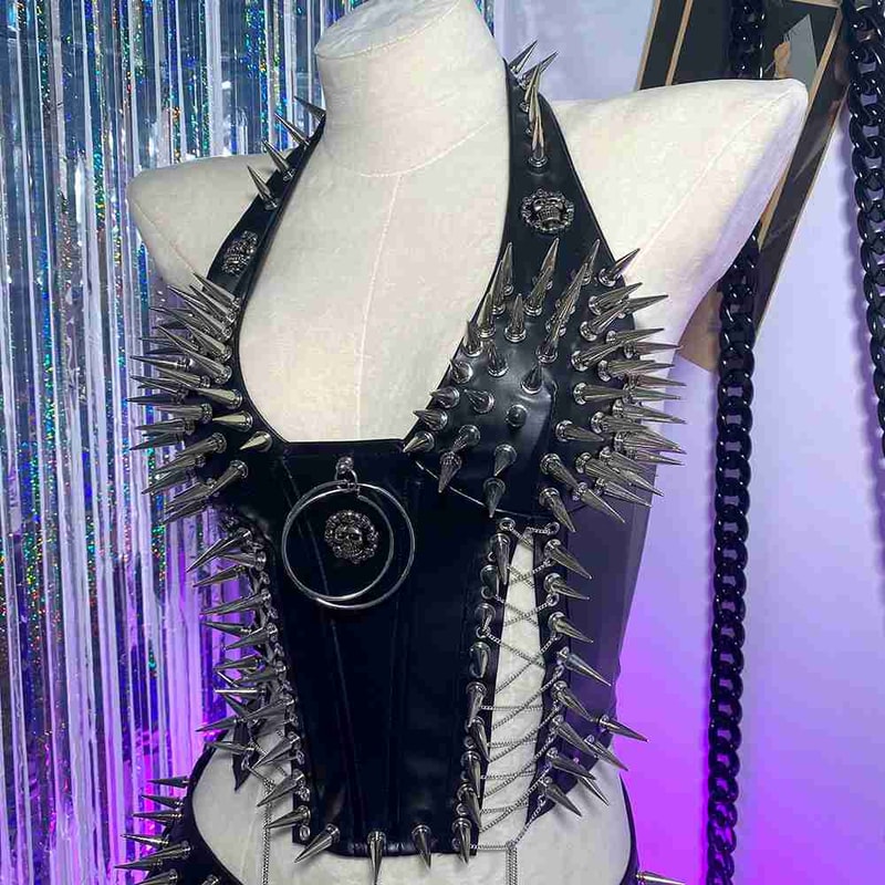 Gothic Bustier Y2K Punk Studded Crop Top Vegan Leather Goth Clothes Skull Grunge Emo Tank 4