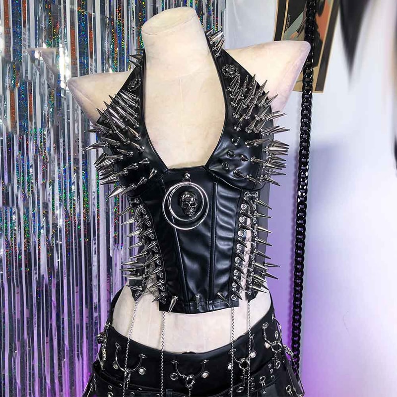 Gothic Bustier Y2K Punk Studded Crop Top Vegan Leather Goth Clothes Skull Grunge Emo Tank 9