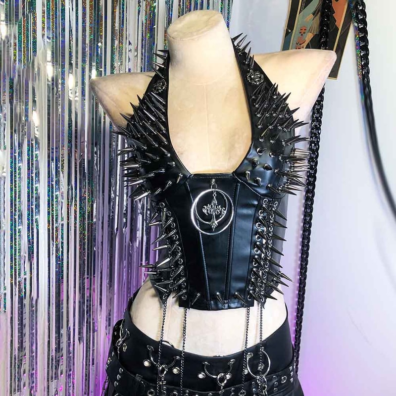 Gothic Bustier Y2K Punk Studded Crop Top Vegan Leather Goth Clothes Skull Grunge Emo Tank 10