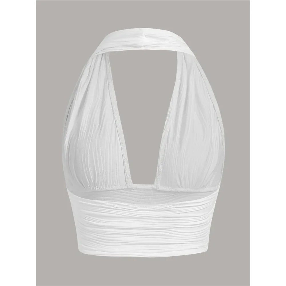 Backless Solid White Crop Halter Top For Women Deep Vneck Sleeveless Tank Summer Club Streetwear Fa 4
