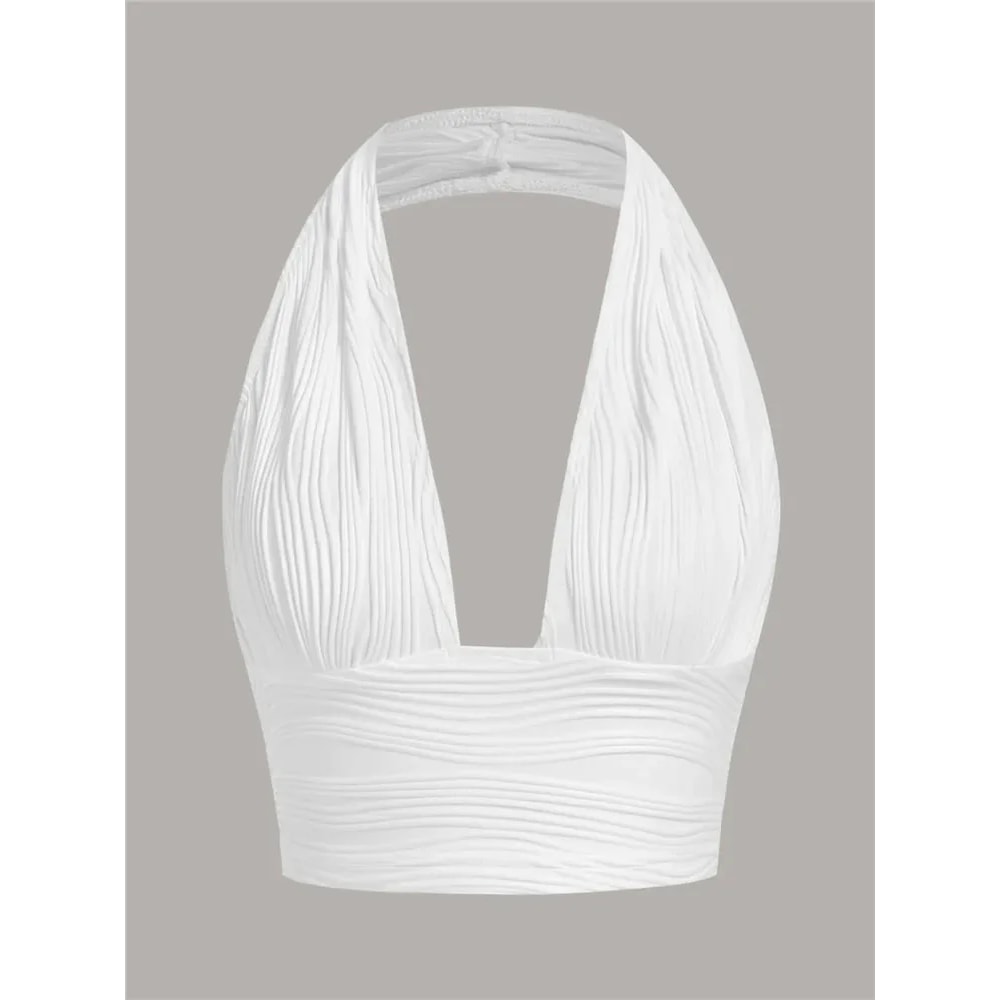 Backless Solid White Crop Halter Top For Women Deep Vneck Sleeveless Tank Summer Club Streetwear Fa 1