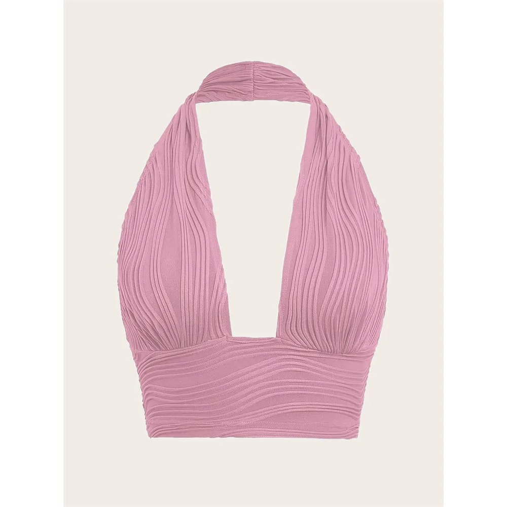 Backless Solid White Crop Halter Top For Women Deep Vneck Sleeveless Tank Summer Club Streetwear Fa 3