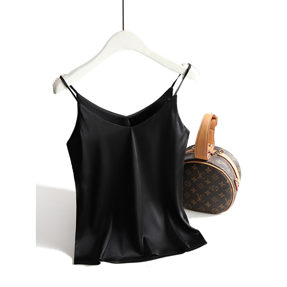 Womens Satin Silk Tank Strap Top Halter V Neck Basic White Cami Sleeveless Summer Camisole Top 0